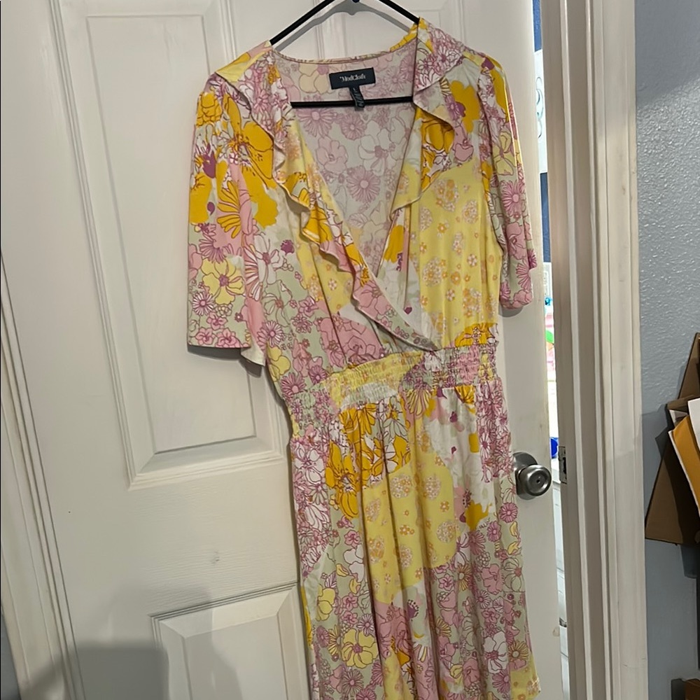 Modcloth Yellow and Pink Flutter Sleeve Sundress, L